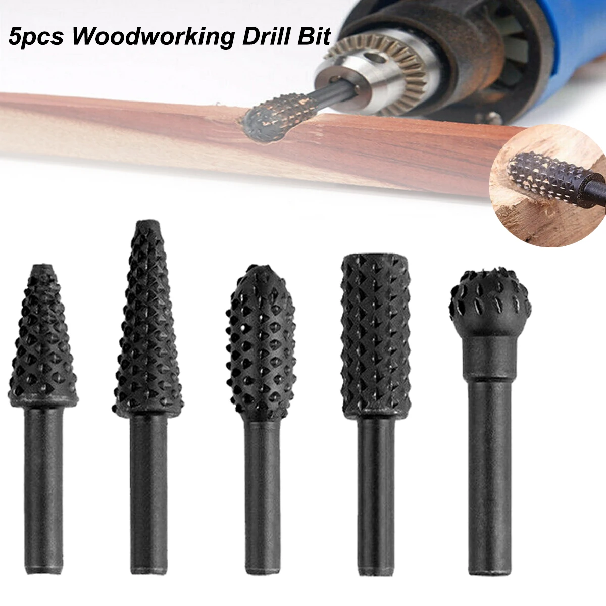 

5pcs 1/4" Rotary Rasp File Woodworking Drill Bit Set Shank Rotary Craft Files Rasp Burrs Grinding Power Woodworking Hand Tool
