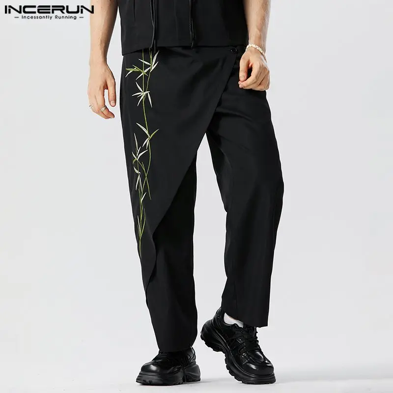 

Chinoiserie Men's Trousers INCERUN Embroidery Bamboo Pattern Print Pants Casual Splicing High Waist Straight Leg Pantalons S-5XL