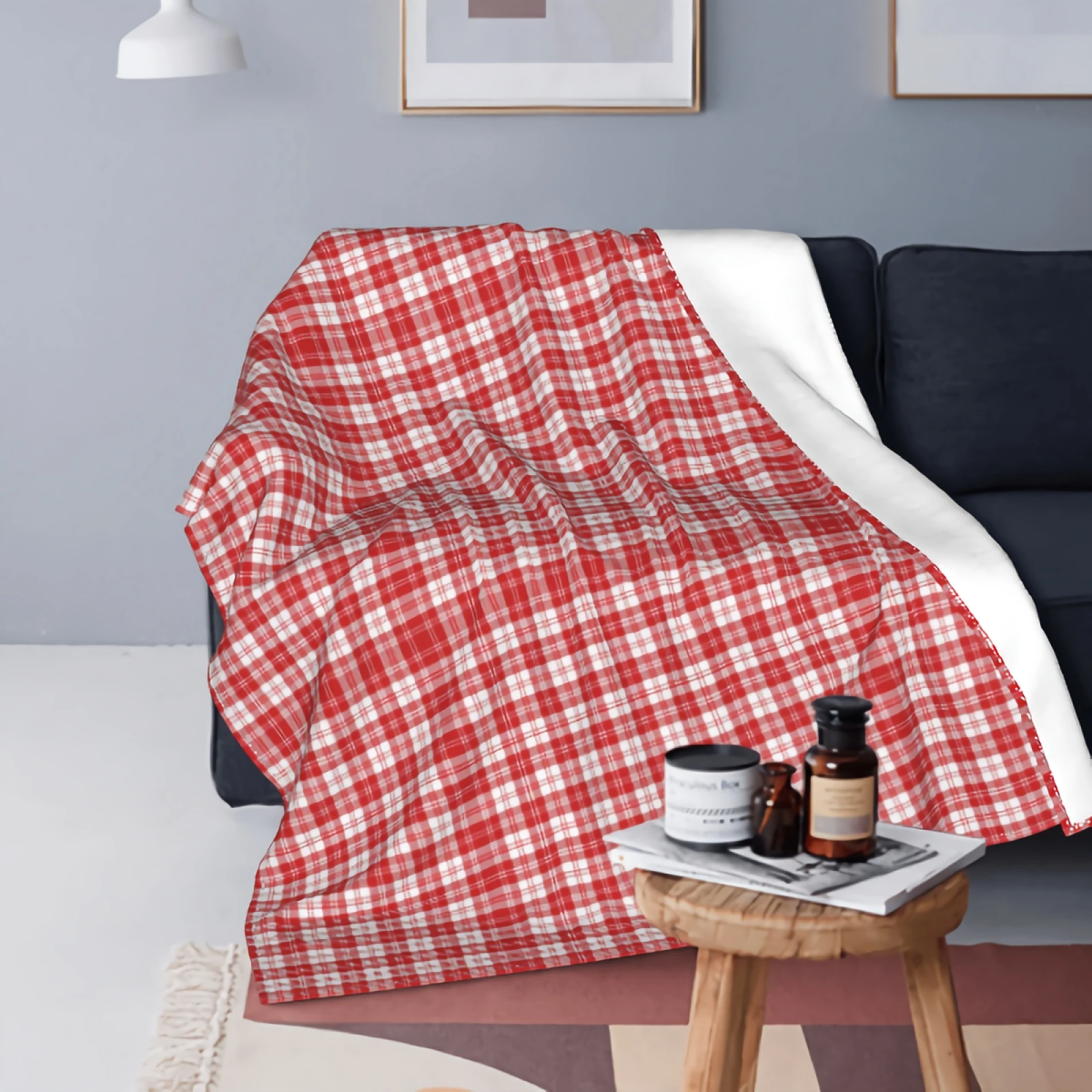 

White and Red Check Plaid Thick Flannel Blanket 80x60 Inch Breathable Warm Bed Sofa Couch Blanket Soft Throw Blanket for Adults