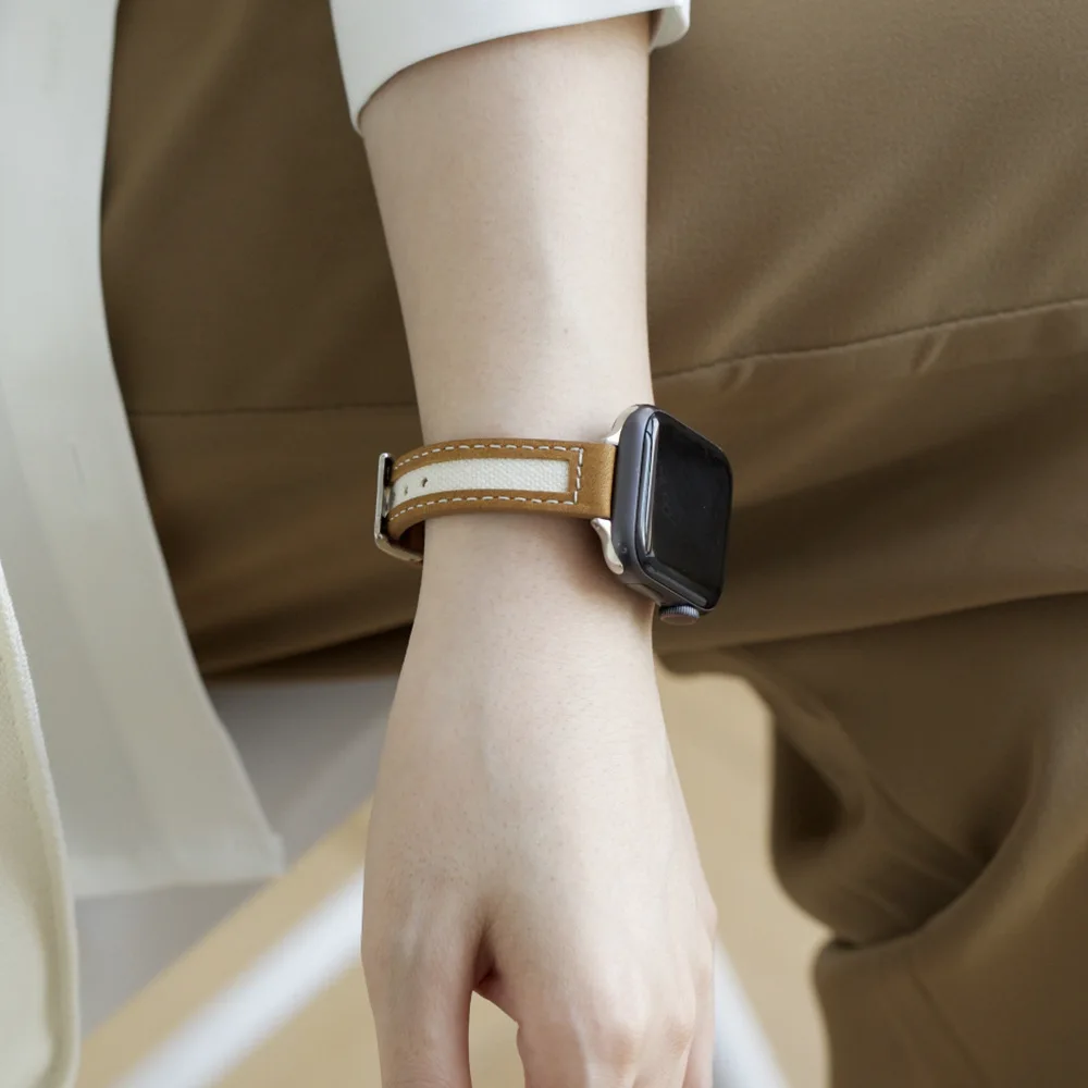 For apple watch band canvas leather  watch strap apple watch7/SE/6/5/4 leather Korean simple and fine section