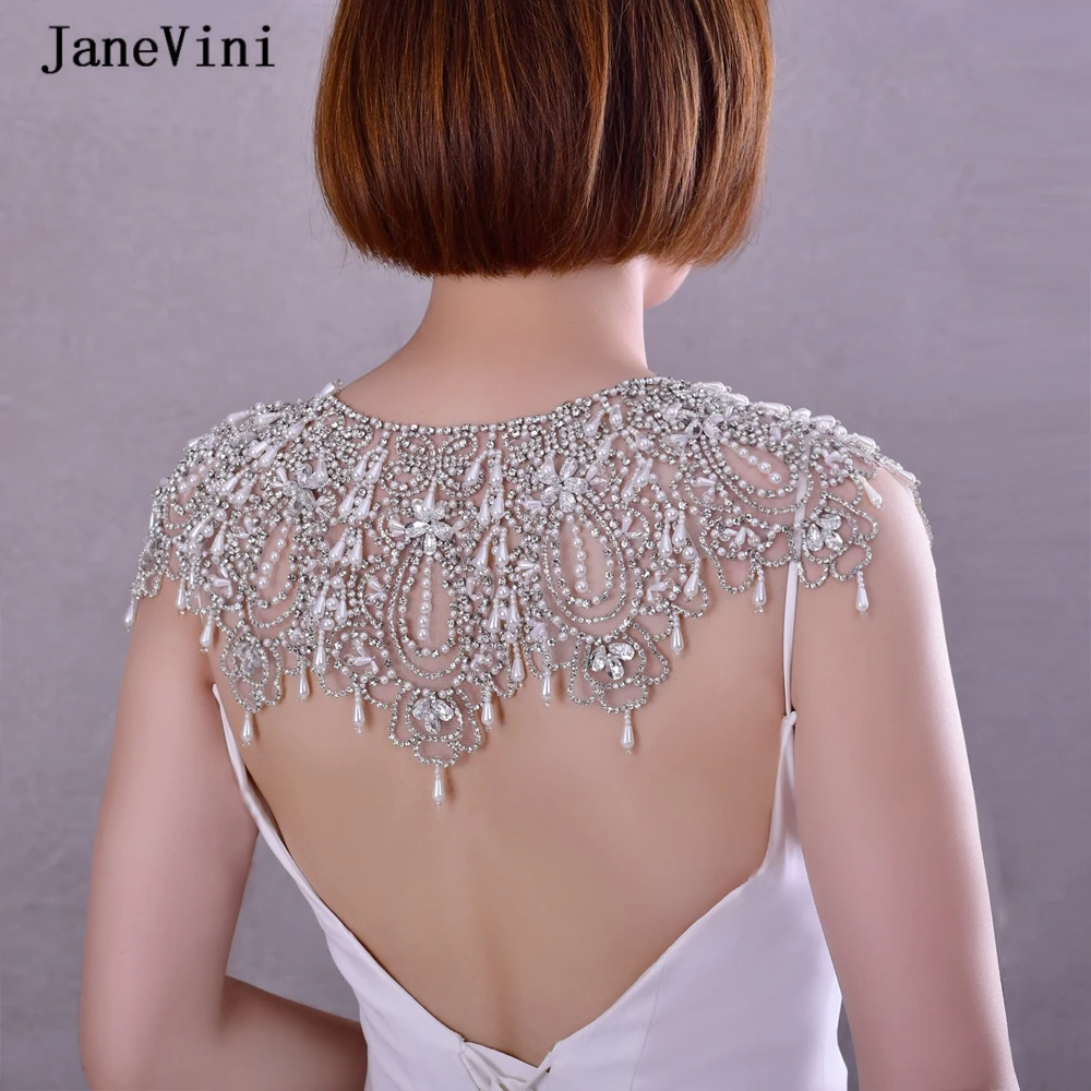 

JaneVini Luxury Pearl Bridal Shawl Wrap Choker Handmade Beaded Women Tulle Shoulder Cape Cloak Wedding Party Evening Accessories