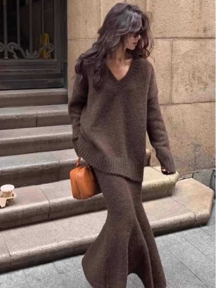 Минималистичный комплект свитера юбка для женщин осенью и зимой пуловер с