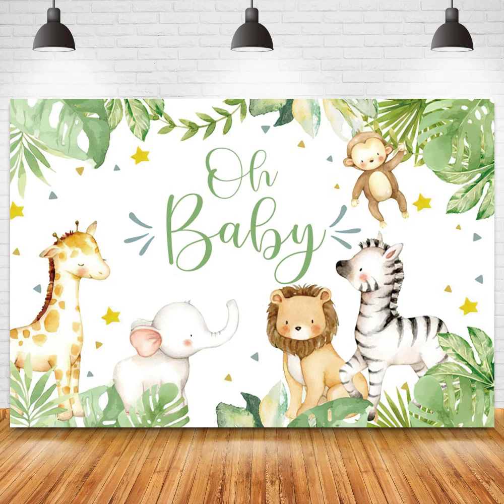 

Фон для фотосъемки с изображением мультяшных животных, детей, дня рождения, деревянная доска, тропические листья, дикий фон для фотосъемки, ...