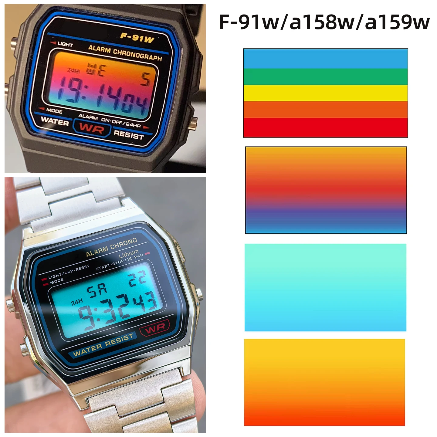 Фото Самоклеящиеся защитные пленки для экрана часов Casio Small Square F-91W/A158W/A159W, радужные наклейки, покрытие для дисплея, аксессуары №1