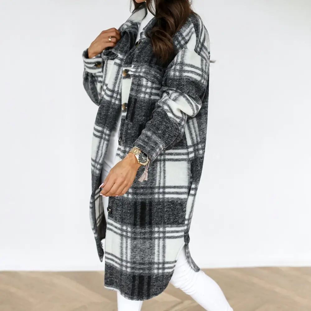

Women Checked Jacket Casual Oversized Turn Down Collar Long Coat Female Thick Warm Woolen Blends Overcoat Streetwear
