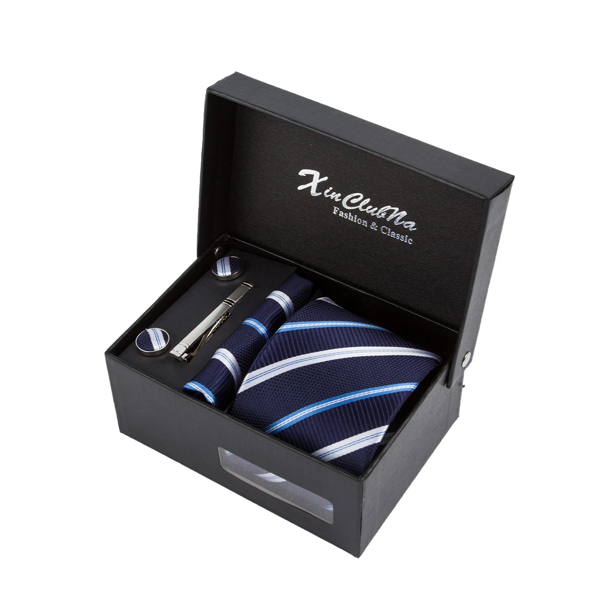 

Набор мужских галстуков Ikepeibao, синий, белый, в полоску, черный, в подарочной коробке, карманный квадратный платок с металлической застежкой и...