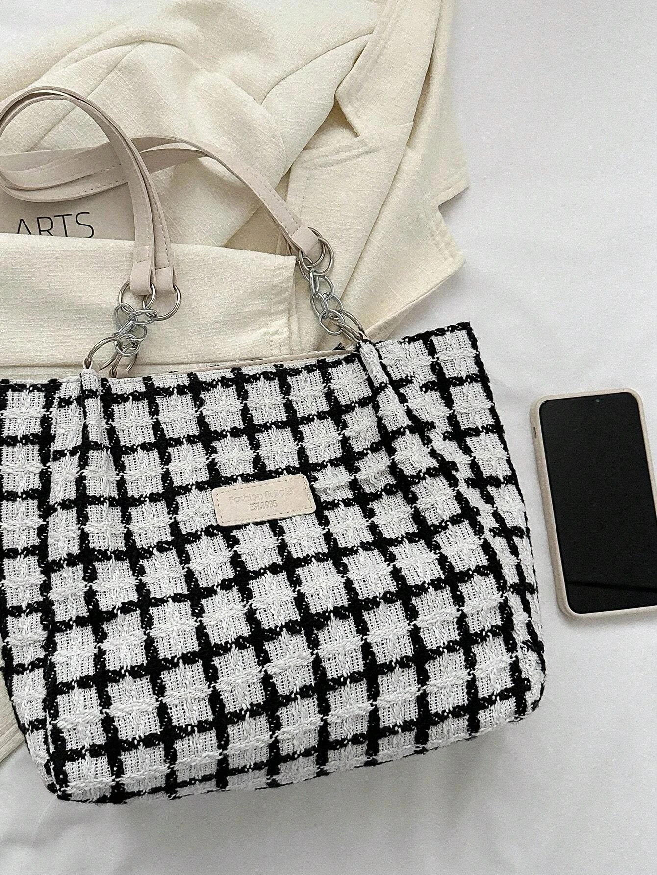Твидовая черно-белая двухцветная клетчатая сумка простая повседневная открытая