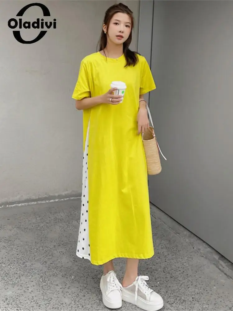 

Oladivi L-3XL Одежда большого размера Женская мода в горошек лоскутное Хлопковое платье в Корейском стиле повседневное свободное платье большог...