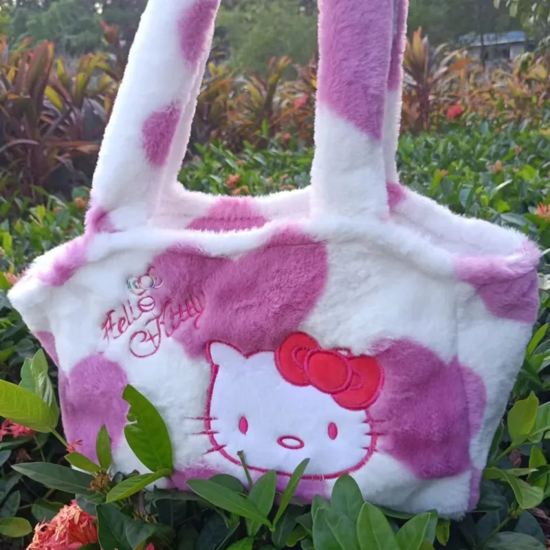 

Fashion Sanrio Hello Kitty Heart Plush Y2k Bag For Women Cute Sweet Large Capacity Zip Embroidered Pink Tote Bags Shoulder Bag