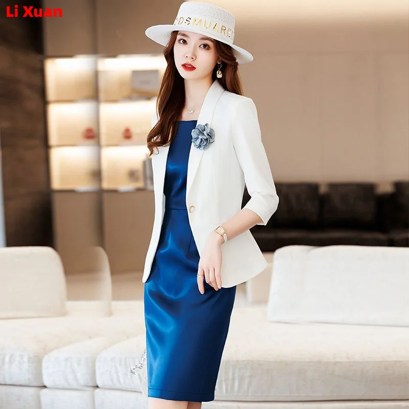 Spring Summer Dress Suits Women Fashion Two Piece Set Outfits Blazer Top Office Korean Ladies Formal OL Work Professional Wear