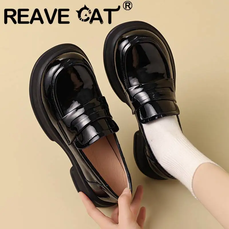 

Женские туфли-лодочки из воловьей кожи REAVE CAT, брендовые туфли на высоком блочном каблуке 6,5 см, лаконичные удобные мягкие Лоферы без застежек