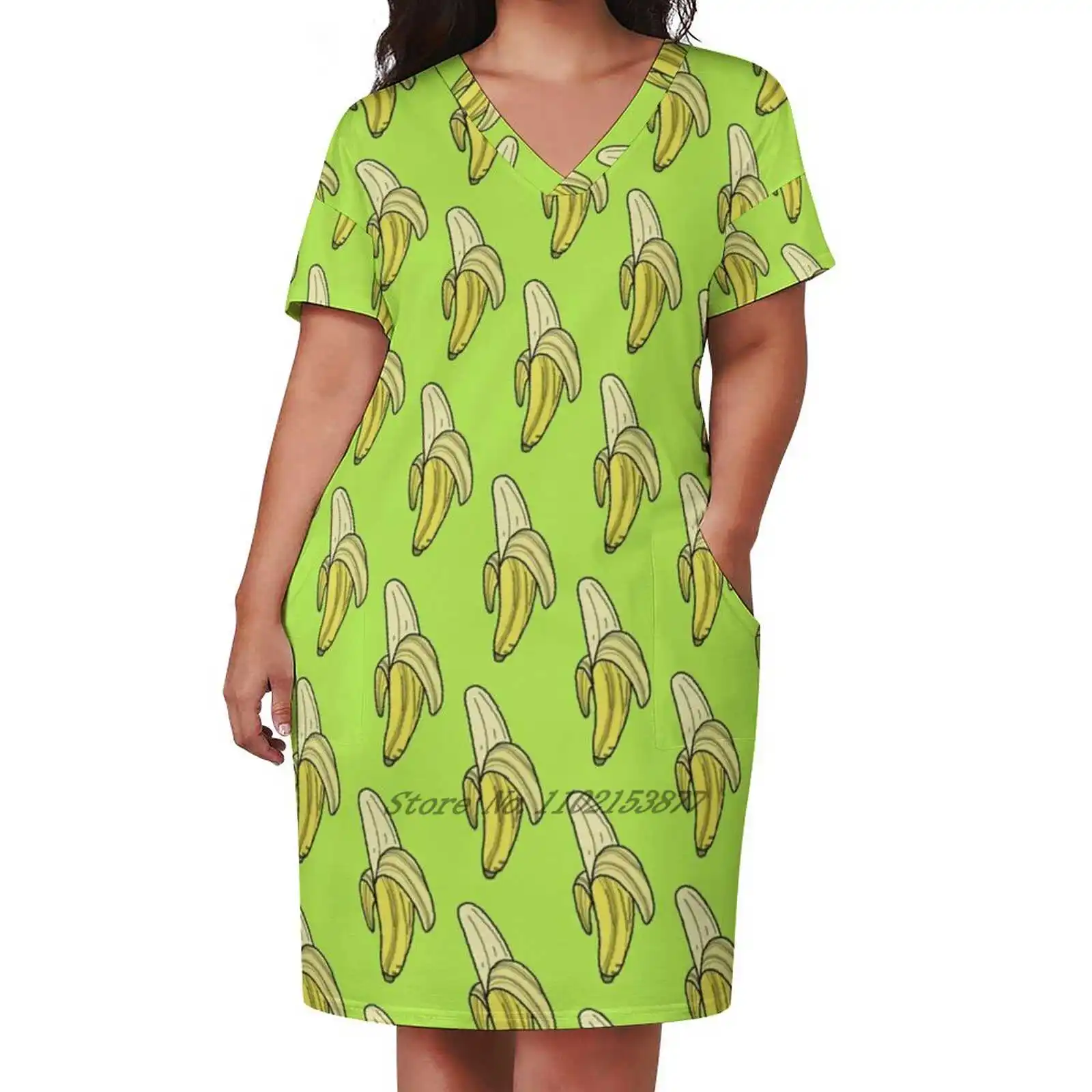 Banana - Lime Loose Pocket Dress Fashion Print Dress Short Sleeve V-Neck A-Line Dress Breakfast Bright Cooking Cool Cute