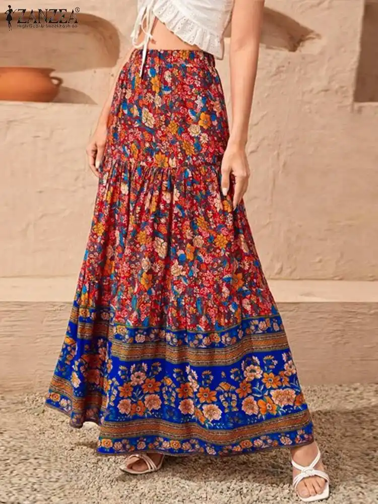 

ZANZEA Bohemian Women Skirt Floral Printed Elastic Ankle Length Baggy Dresses Elegant Casual Loose Holiday Beach Oversized Robe