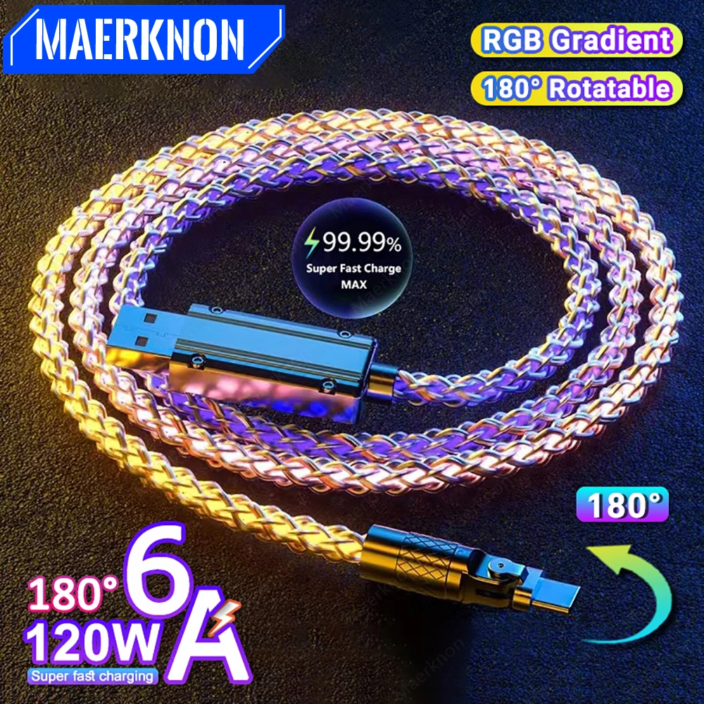 

6A 120W USB C Cable 180 Degree Rotation Micro USB Type C Phone Wire For Xiaomi Huawei Samsung Glowing LED Fast Charging USB Wire