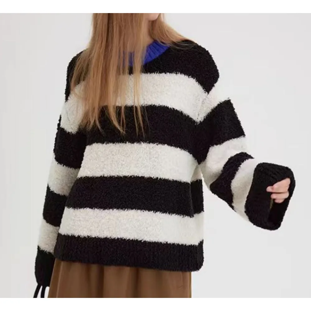 Черно-белый пуловер Freeacy для женщин 2024 осенне-зимняя мода круглый вырез длинные