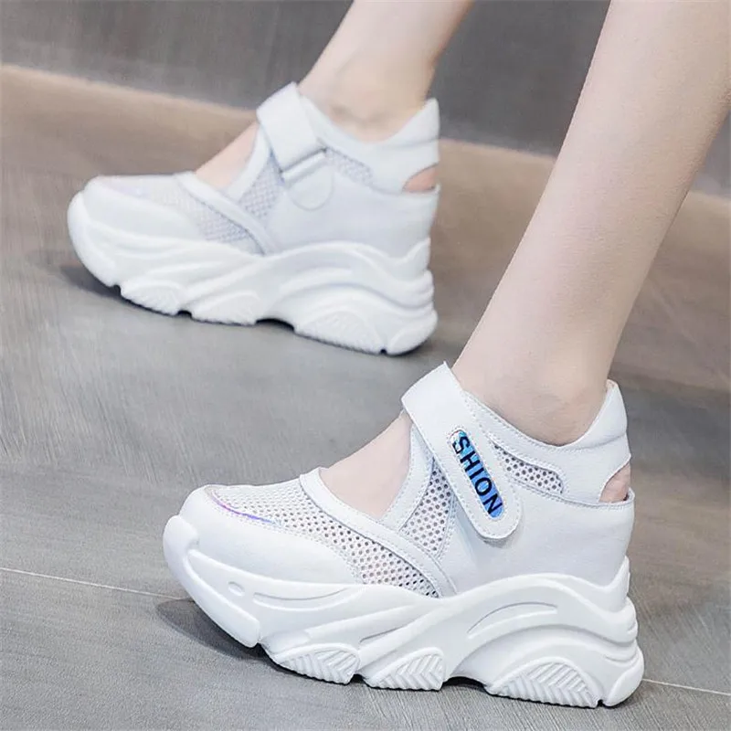 

Женские кожаные туфли, дышащая повседневная обувь на платформе, увеличивающая рост, с вулканизированной подошвой 8 см, на лето