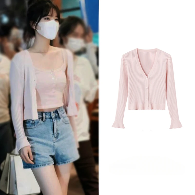 Kpop корейская певица женские уличные розовые кардиганы свитера с v-образным