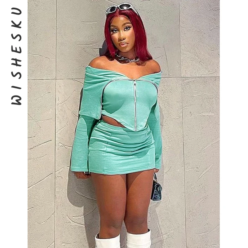 

Two Piece Set Women Elegant Outfits Sexy Slash Neck Long Sleeve Crop Top+High Waist Mini Skirts 2023 Spring Fall Y2K Clothes