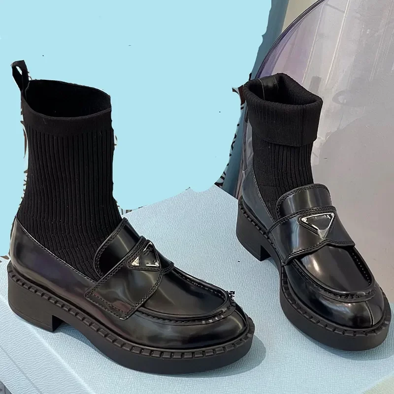 

Женские ботинки-носки, черные кожаные дизайнерские ботинки на толстой подошве, до щиколотки, в британском стиле, осень и зима
