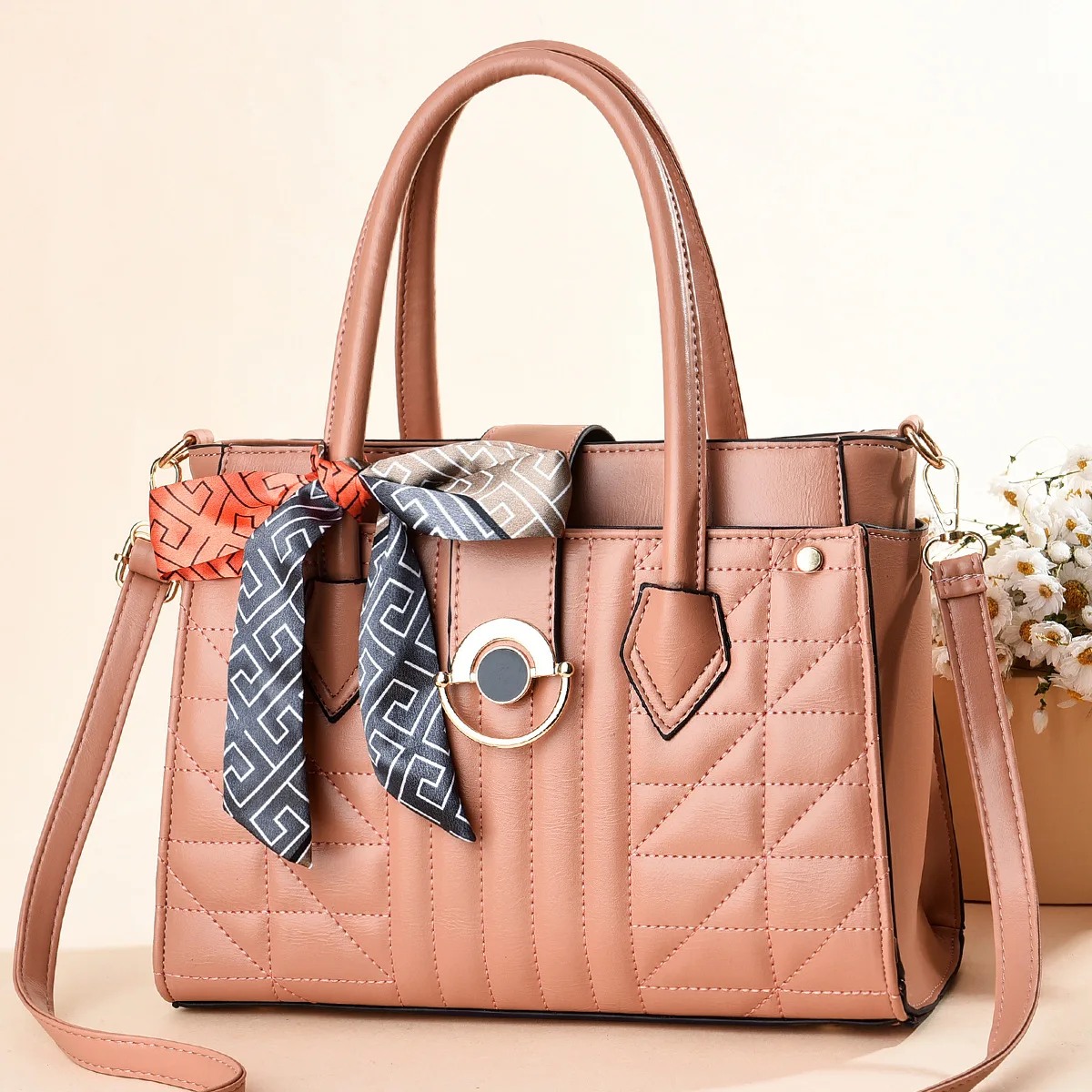 The New Simple Printed Silk Scarf Has A Large Capacity Solid Color One-shoulder Cross-body Texture Women's Bag