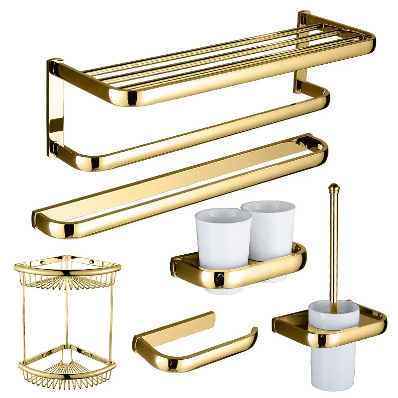 

Wall Mounted Bath Hotel Towel Rack Bathroom Polishing Gold Plating Brass Towel Rack Solid Brass Bathroom Accessories Set