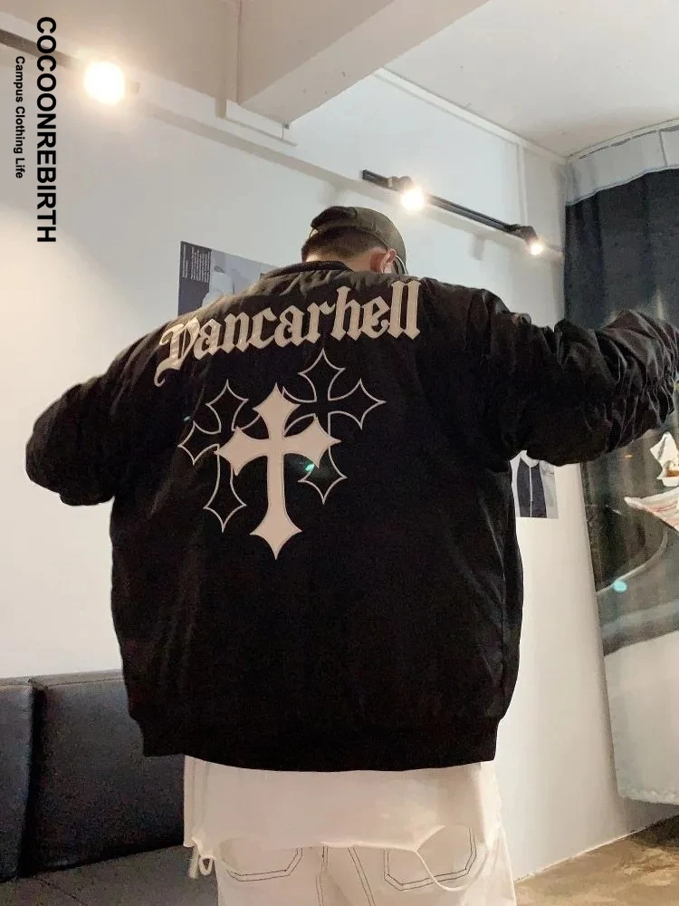 

Bomber Jacket Men Harajuku Windbreaker Autumn Y2k Cross Letter Embroidery Oversize Women Vintage Baseball Uniform Coats