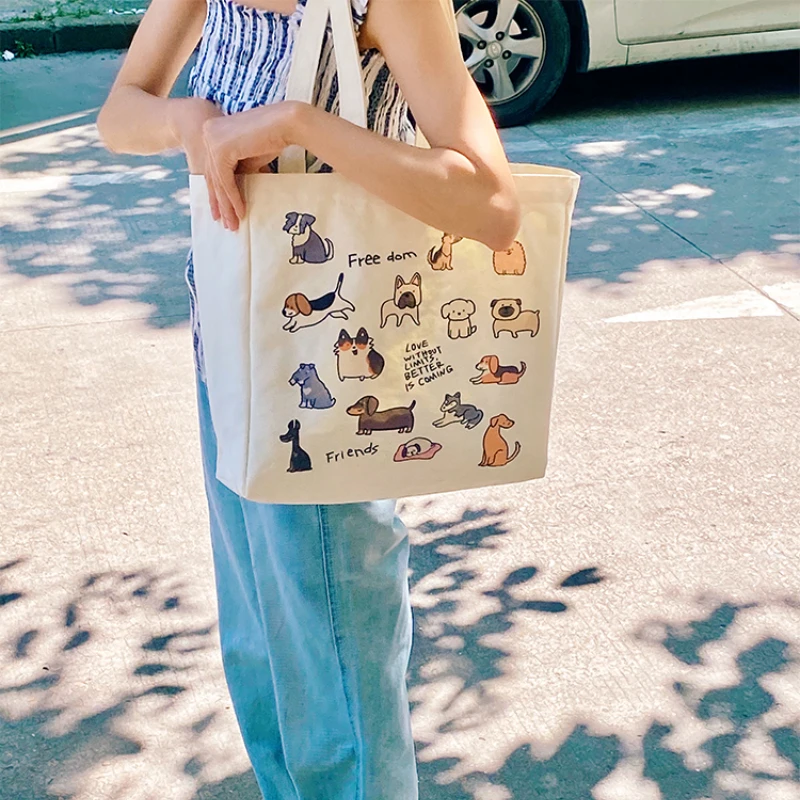 

MBTI Cute Dog Canvas Tote Bag for Women Korean Style Cartoon Print Handbag Large Capacity Reusable Casual Shopper Shoulder Bag