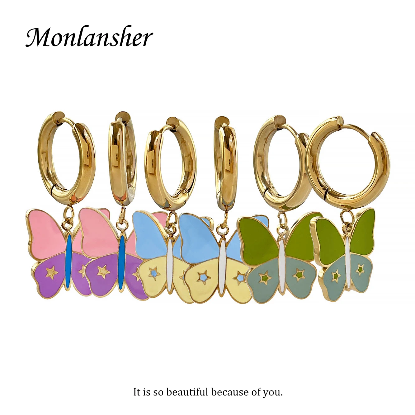 

Monlansher Colorful Enamel Butterfly Charm Hoop Earrings for Women Stainless Steel Neon Earring Tarnish Free Summer Jewelry Gift
