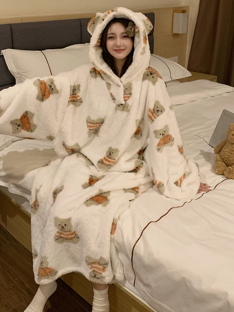 Япония GP коралловый флис длинная ночная рубашка для женщин зимняя милая толстая