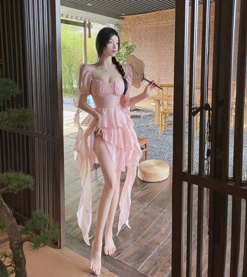 

Романтическое Платье во французском стиле, женское летнее привлекательное шифоновое платье с одним открытым плечом и оборками, платье прин...