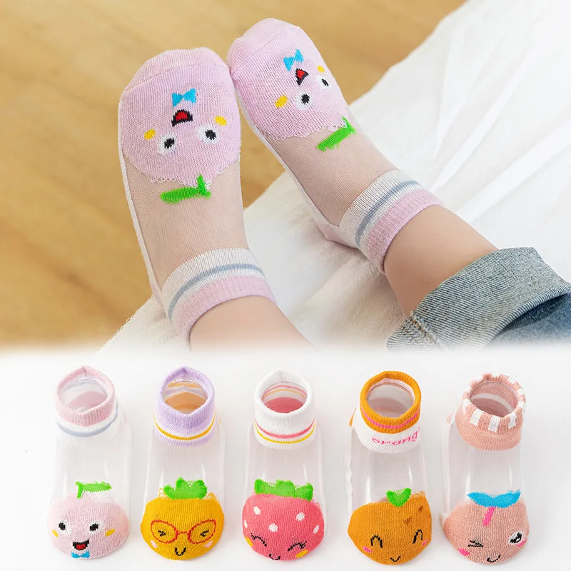 5pairs Summer Spring Teenage Girls Cute Cartoons Transparent Thin Cotton Kids Socks Breathable Animals Knitting Anklets