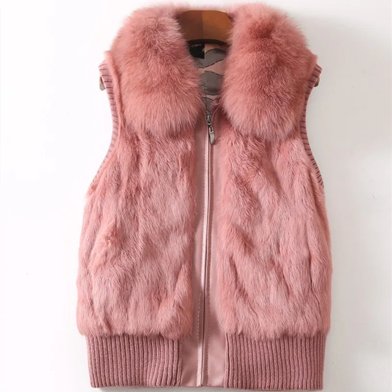 Women's Genuine Real Rabbit Fur Fox Fur Collar Knitting  Women's Winter vest Fur Jacket Casual Short Outwear Slim with zipper