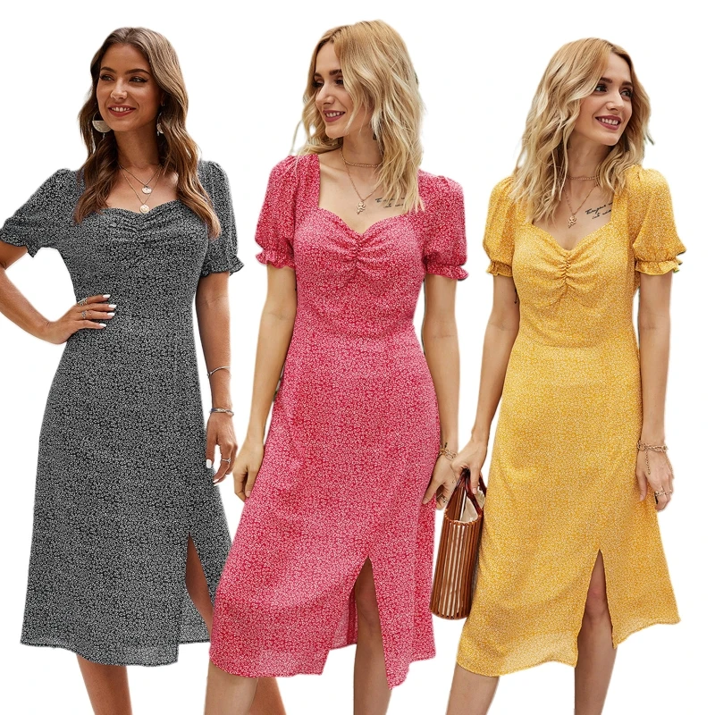 

2022 New Women Summer Puff Short Sleeve Square Neck Slim Midi Long Dress Vintage Boho Floral Print Ruched Chest Side Split Flare