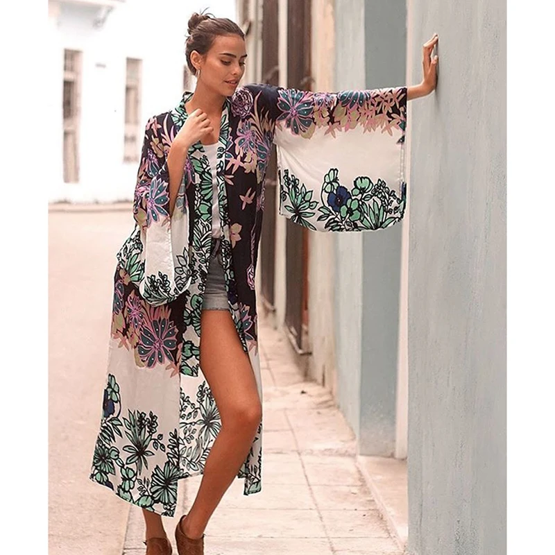 

Женское длинное пляжное бикини с принтом, Пляжная блузка, праздничный солнцезащитный кардиган черного цвета, один размер
