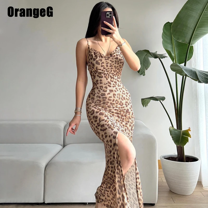 Женское леопардовое платье OrangeG облегающее элегантное на бретелях-спагетти с