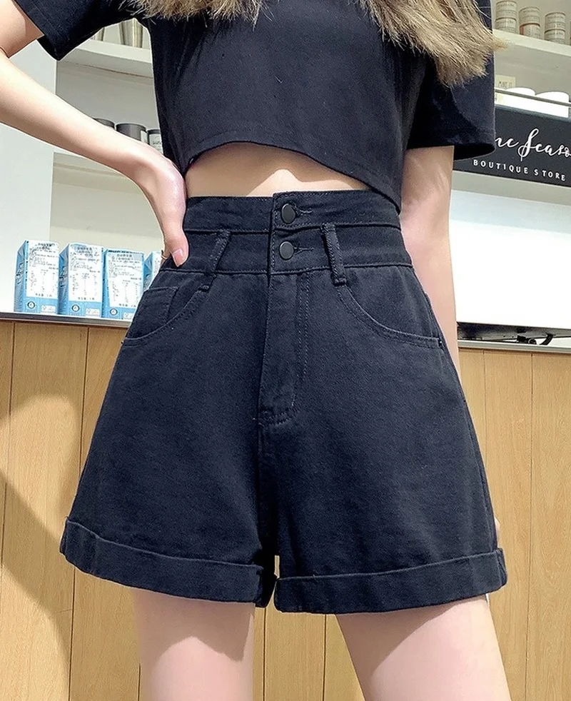 2021 Summer Woman High Waist Denim Shorts Loose A-line Wide-leg Jeans Female Solid Fashion Casual Shorts with Buttons Streetwear