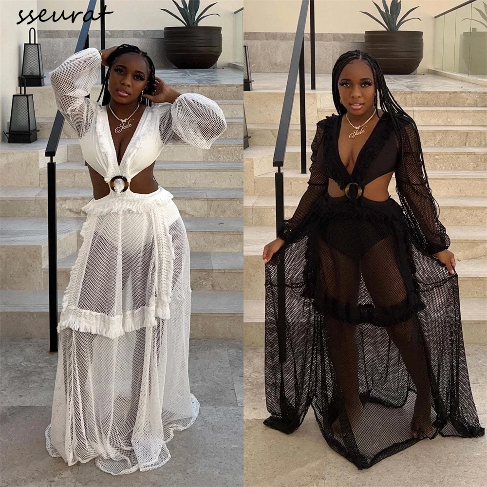 

Женское ажурное платье с V-образным вырезом, рукавами-фонариками и открытой спиной