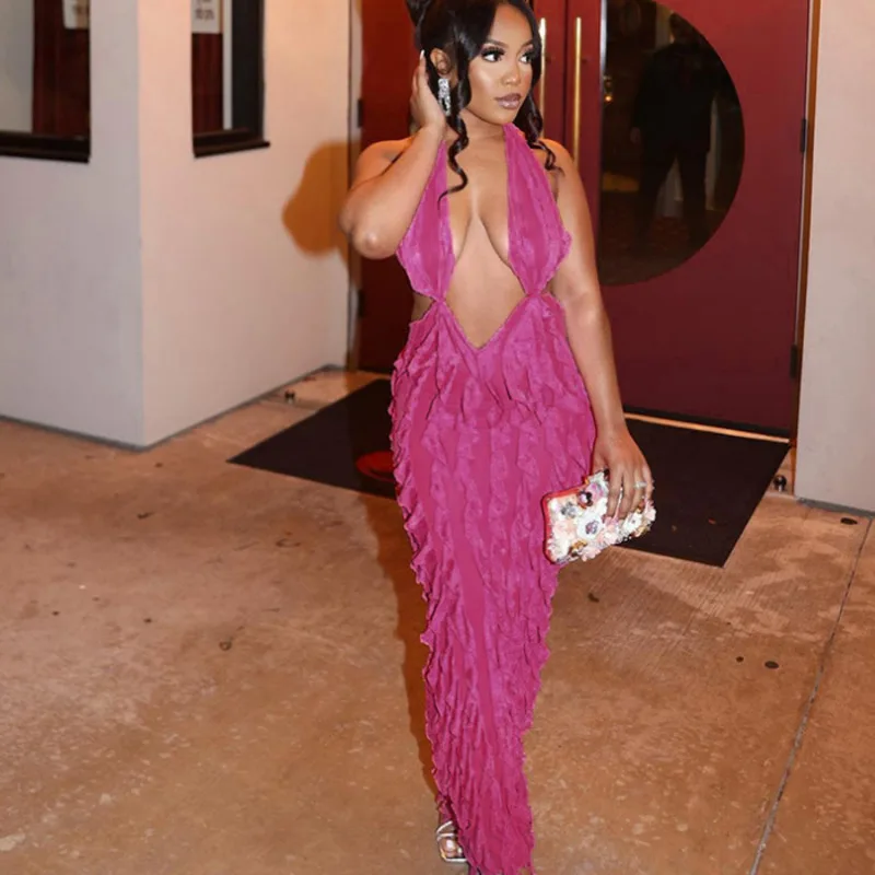 

Y2K женское платье с волнистыми оборками и лямкой на шее, однотонное Клубное платье 2023, длинная одежда с лямкой на шее, без рукавов, с открытой спиной, на шнуровке, Rave Robe Вечерние