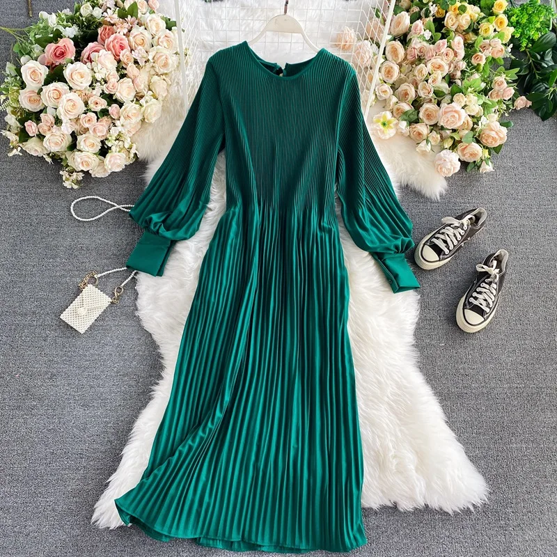 

Женская свободная юбка с завышенной талией, однотонное плиссированное платье с круглым вырезом