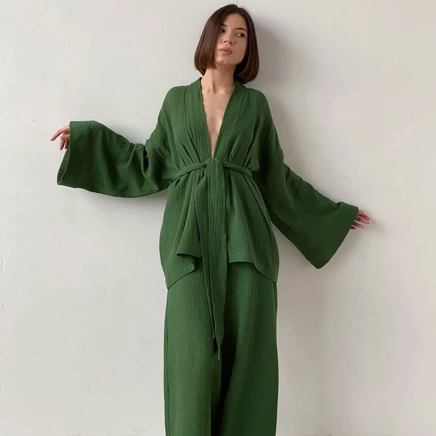 

Cotton Sweater 2 Pieces Set Sleeve Drop Robe Pants Suits Enlargement Women Pajamas Summer Bathrobe For Woman 2022
