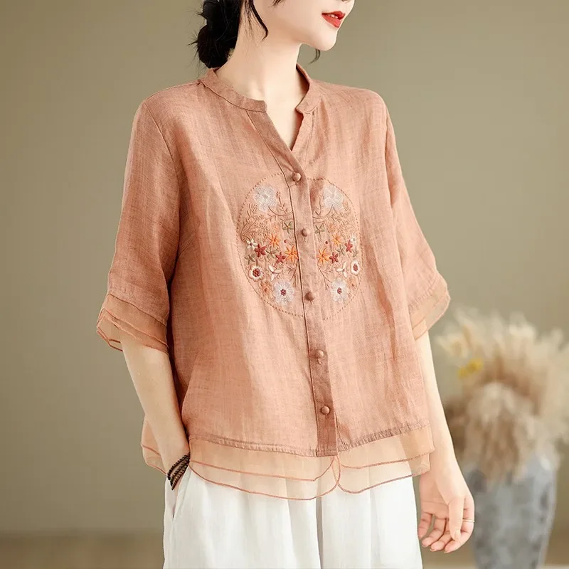 Женская летняя повседневная рубашка винтажный стиль 2024 v-образный вырез