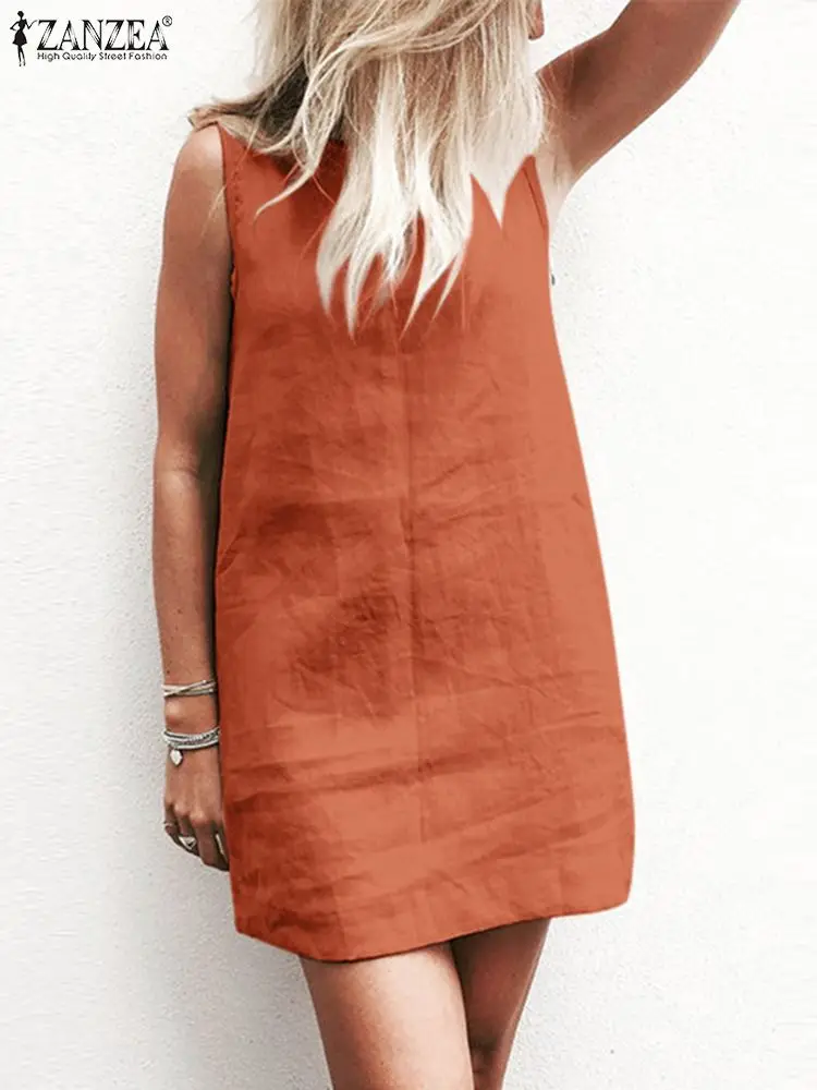 

ZANZEA Casual O-Neck Beach Dress Women 2022 Summer Sleeveless Solid Color Mini Dresses Cotton Linen Holiday Short Sundress Femme