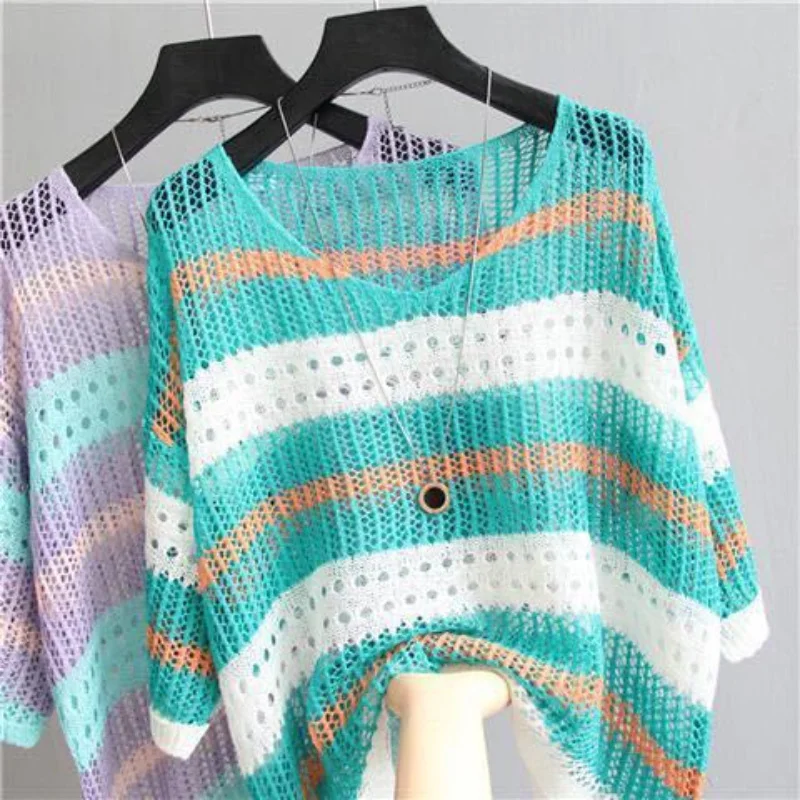 

Women Half Sleeve Colorful Hollow Out Blouses Striped Ice Silk Knit Shirt Loose Retro Style Pullover Lightweight Tank Tops