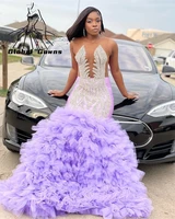 luxury lilac o neck long prom dress for black girls 2022 beaded birthday party gown ruffles celebrity dresses mermaid robe de