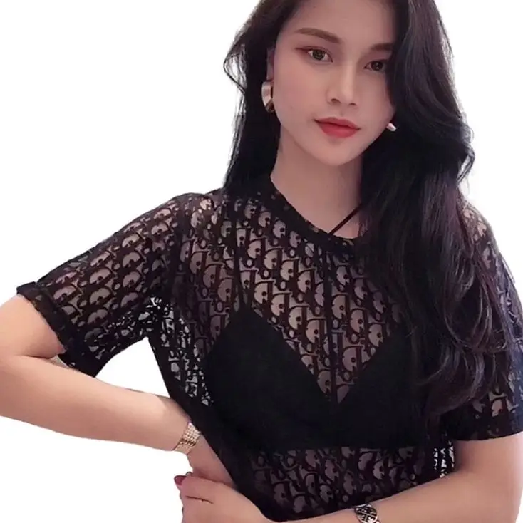 

Dinboa-sexy Women t Shirt See Through Transparent Mesh Tops Short Sleeve Sheer Slim Ladies Oansatz Luxury t Shirt