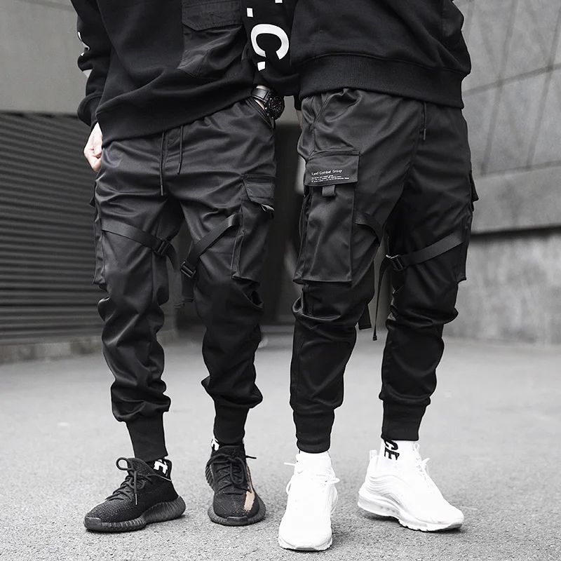 

Cargo Pants Men Black Ribbons Block Multi-Pocket Joggers Harajuku Sweatpant Hip Hop Casual Harem Tide Male Trousers