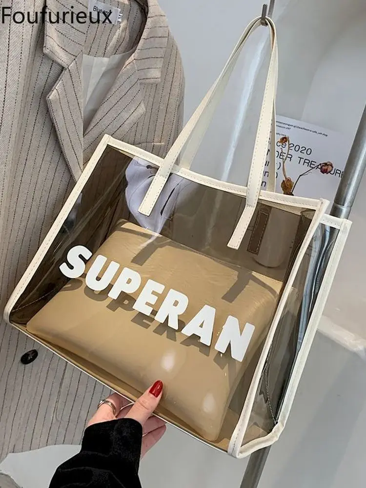 

Foufurieux Bag Women 2022 New Trendy Fashion Tote Bag Summer Transparent Jelly Handbag Large Capacity Shoulder Leather Waist Bag