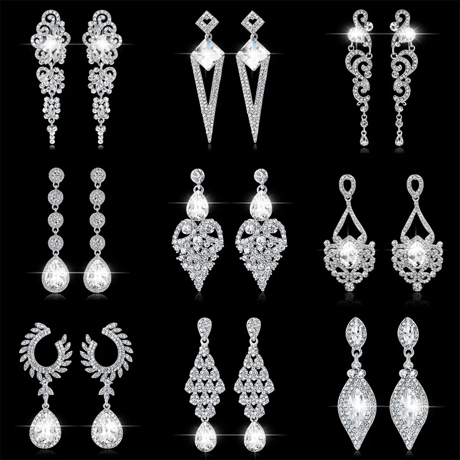 

Efily Elegant Rhinestone Crystal Drop Earrings for Wedding Party Silver Color Long Hanging Dangle Earrings Luxury Woman Jewelry