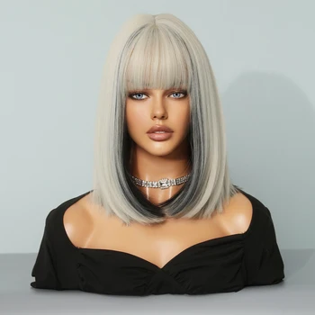 NAMM Short Straight Hair Bob Wig for Woman Daily Cosplay Lolita Wig Highlight Silvery Bob Wigs Synthetic Hair Heat Resistant 5