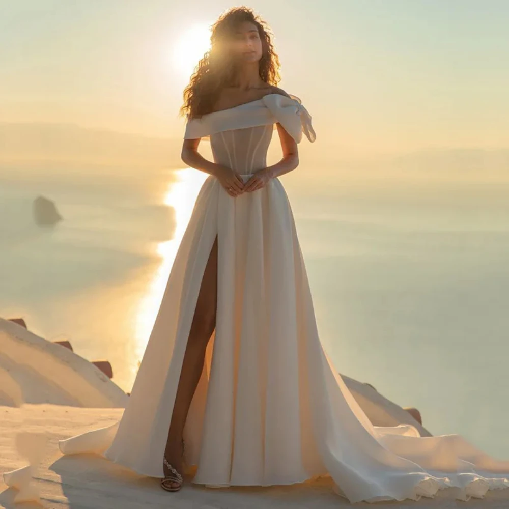

Женское свадебное платье It's yiiya, Белое Атласное Платье с вырезом лодочкой, открытыми плечами и бантом на завязках на лето 2019